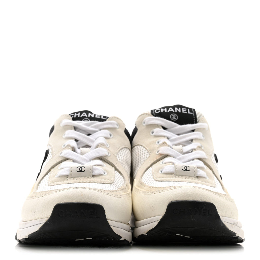 Mesh Suede Calfskin Grained Calfskin Womens CC Sneakers 38 White Black