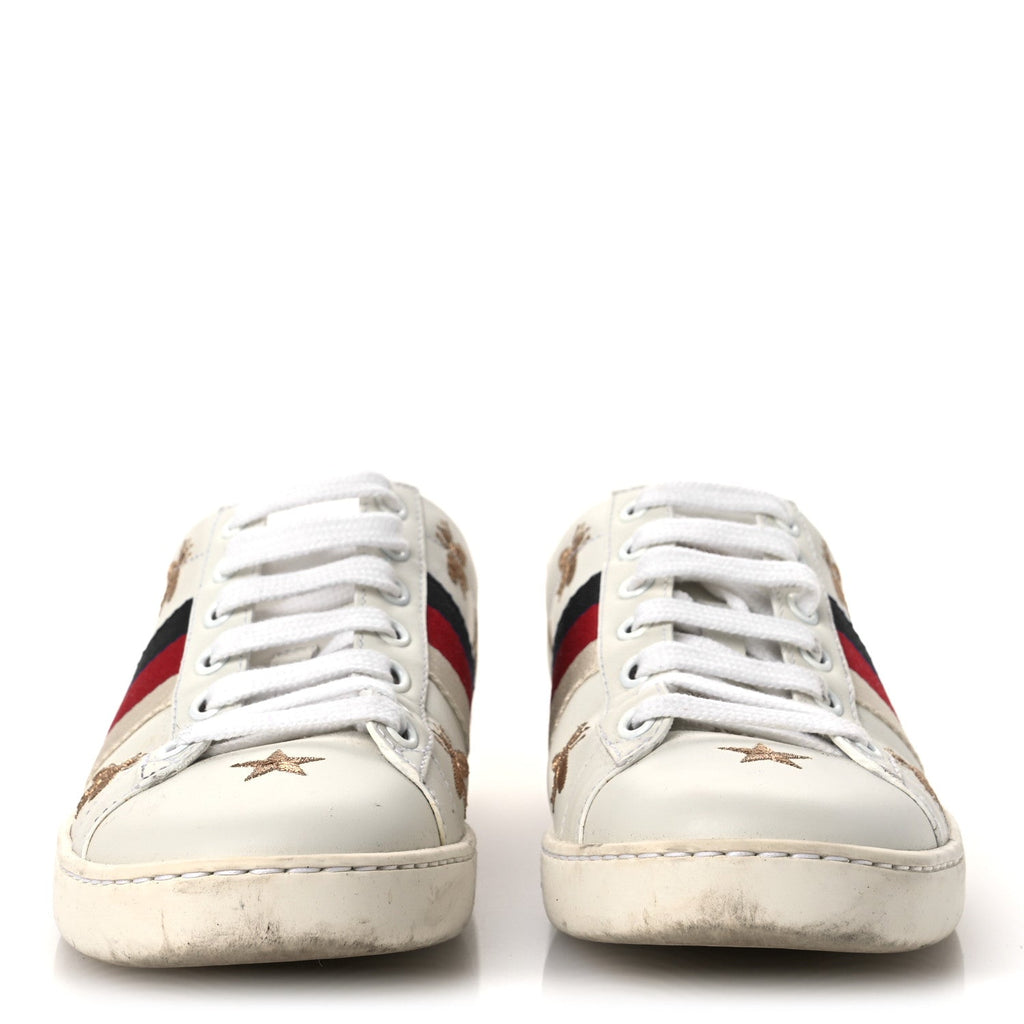 Gucci Calfskin Bee Star Embroidered Sylvie Web Ace Sneakers 35.5 White