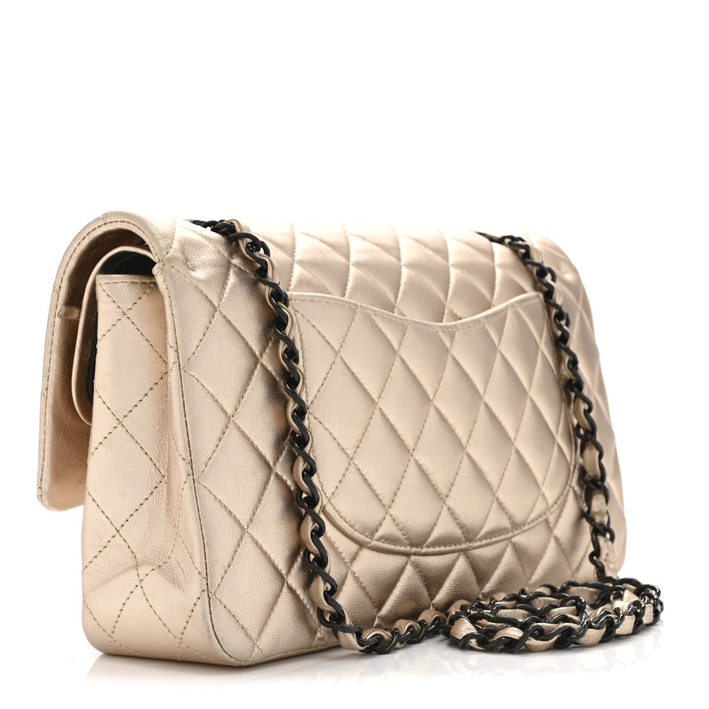Chanel Metallic Lambskin Quilted Medium Double Flap Gold Black