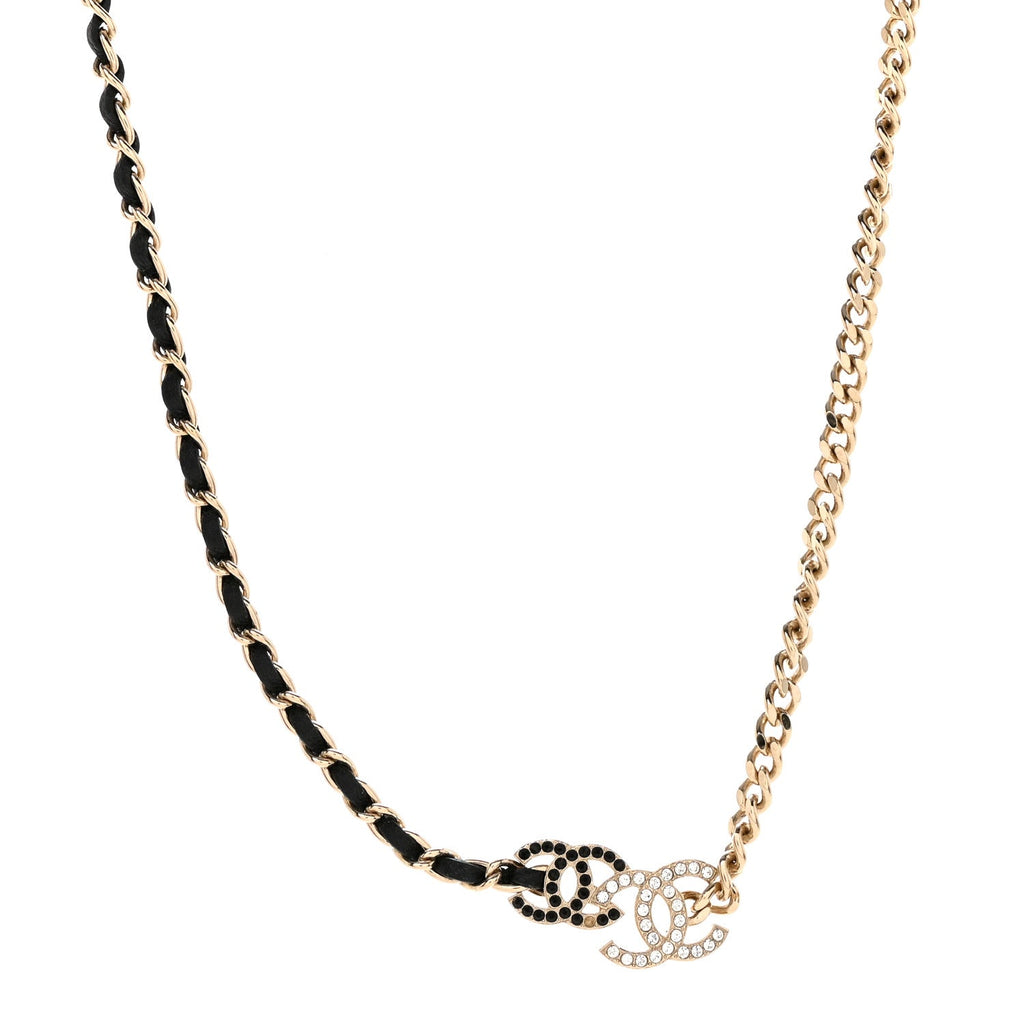 Lambskin Crystal CC Chain Choker Necklace Black Gold