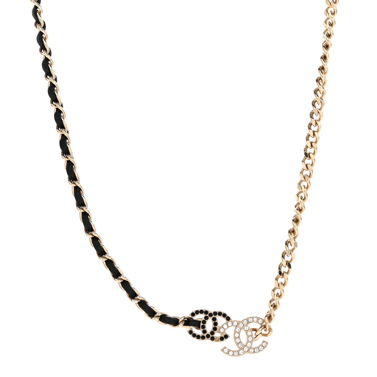 Lambskin Crystal CC Chain Choker Necklace Black Gold