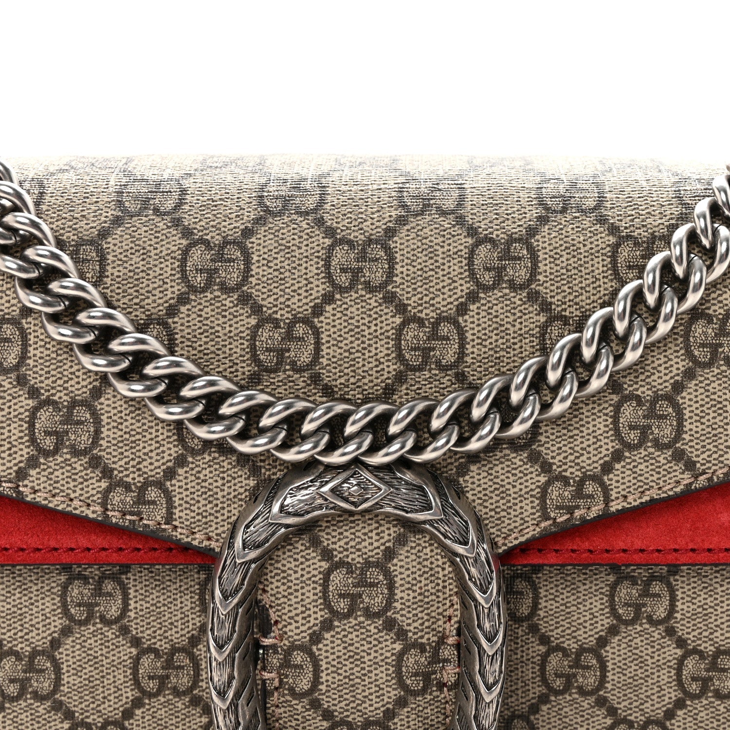 Gucci GG Supreme Monogram Suede Small Dionysus Shoulder Bag Beige Ebony Vulcanic Red