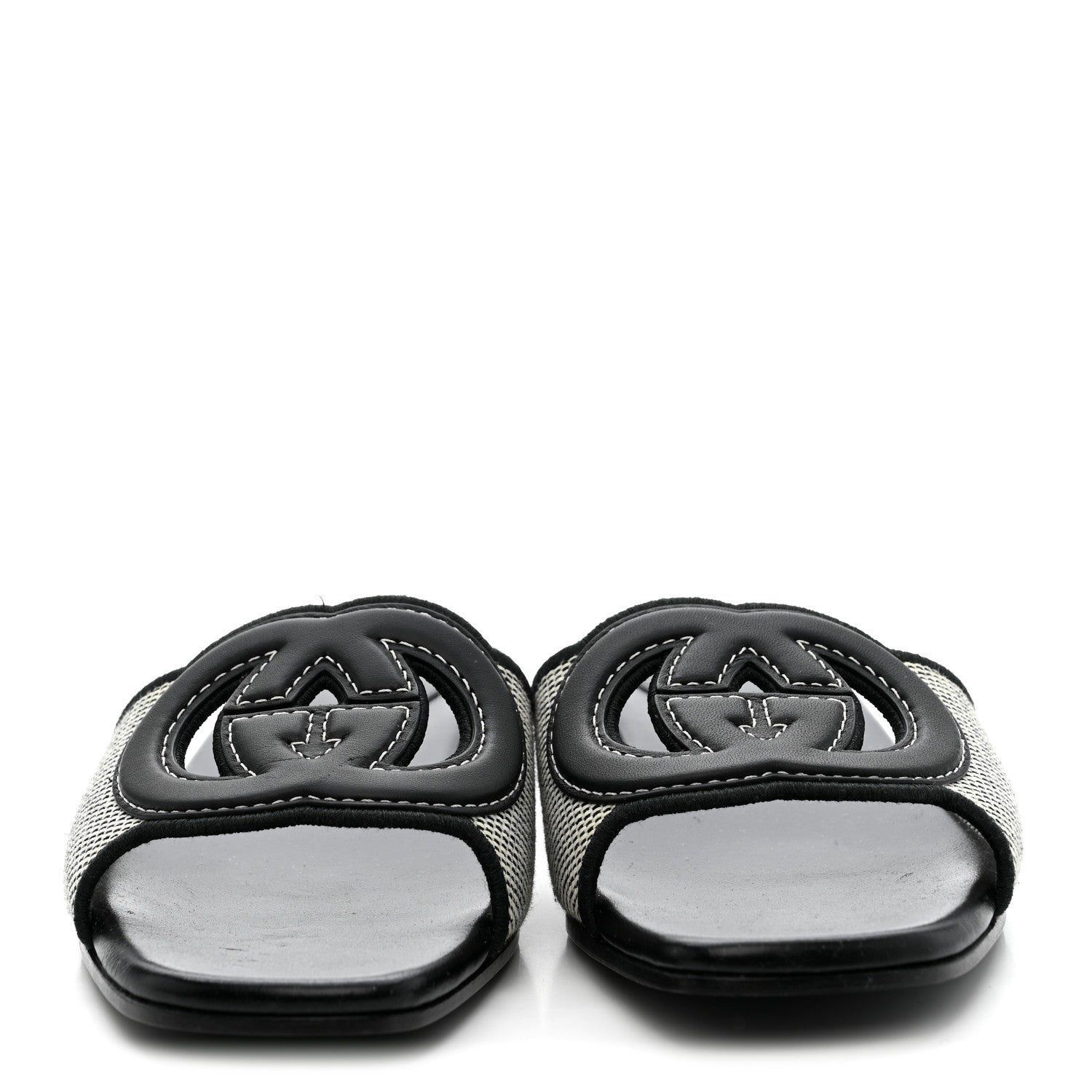 Gucci Cosmo Softy Calfskin Canvas Interlocking G Cut Out Slide Sandals 37.5 Natural Black