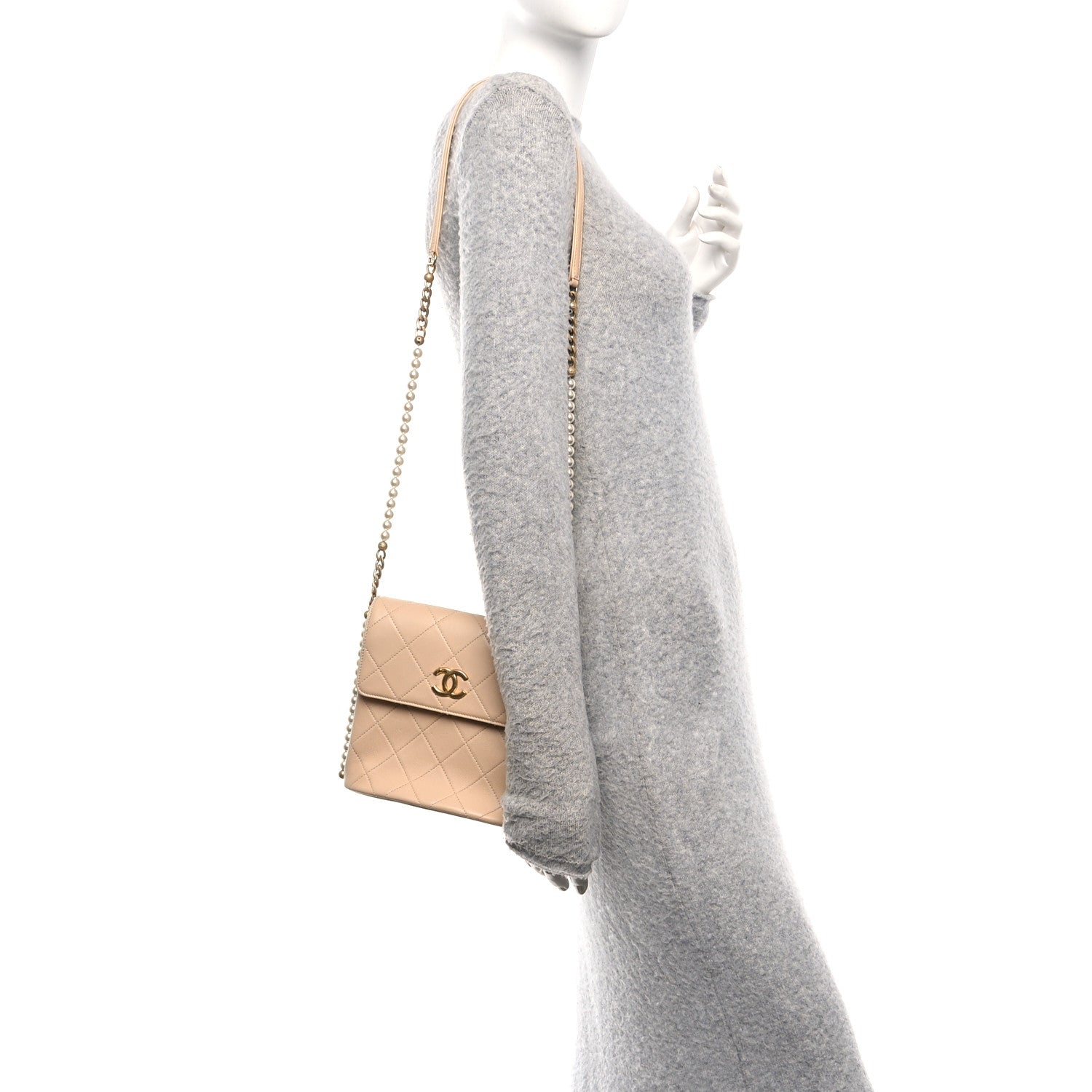 Chanel Calfskin Quilted Pearl Small Hobo Bag Beige