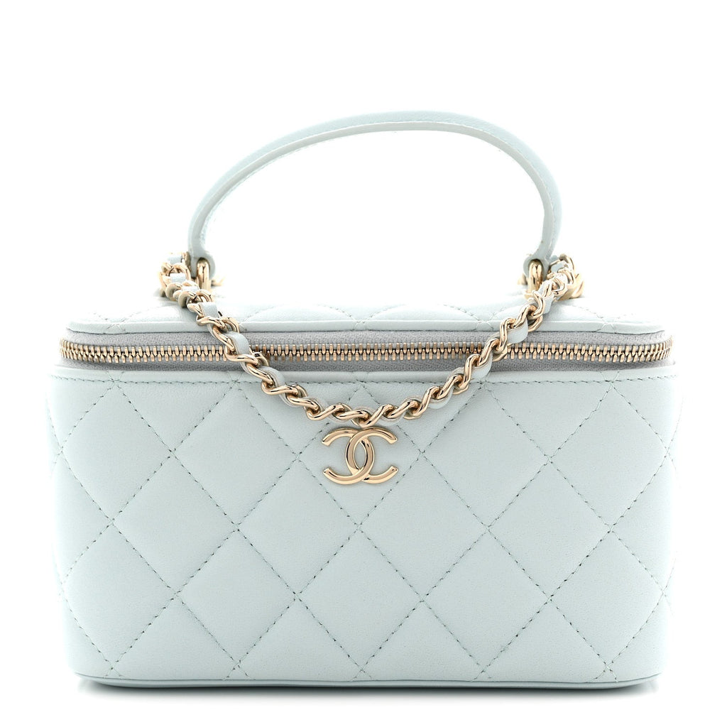 Chanel Lambskin Quilted Small Top Handle Vanity Case With Chain Light Blue