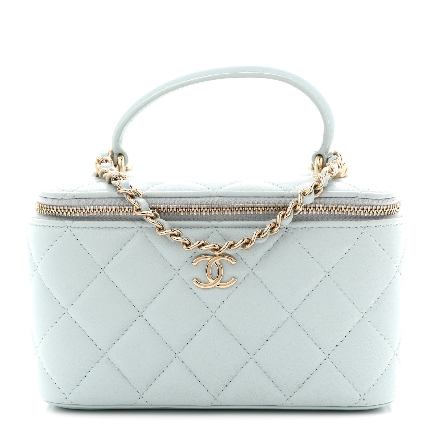 Chanel Lambskin Quilted Small Top Handle Vanity Case With Chain Light Blue