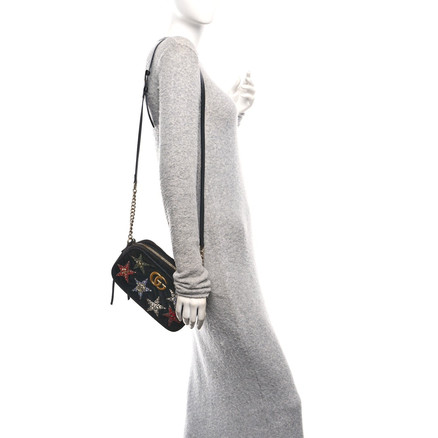 Gucci Velvet Matelasse Crystal Star Embroidered Small GG Marmont Chain Shoulder Bag Black
