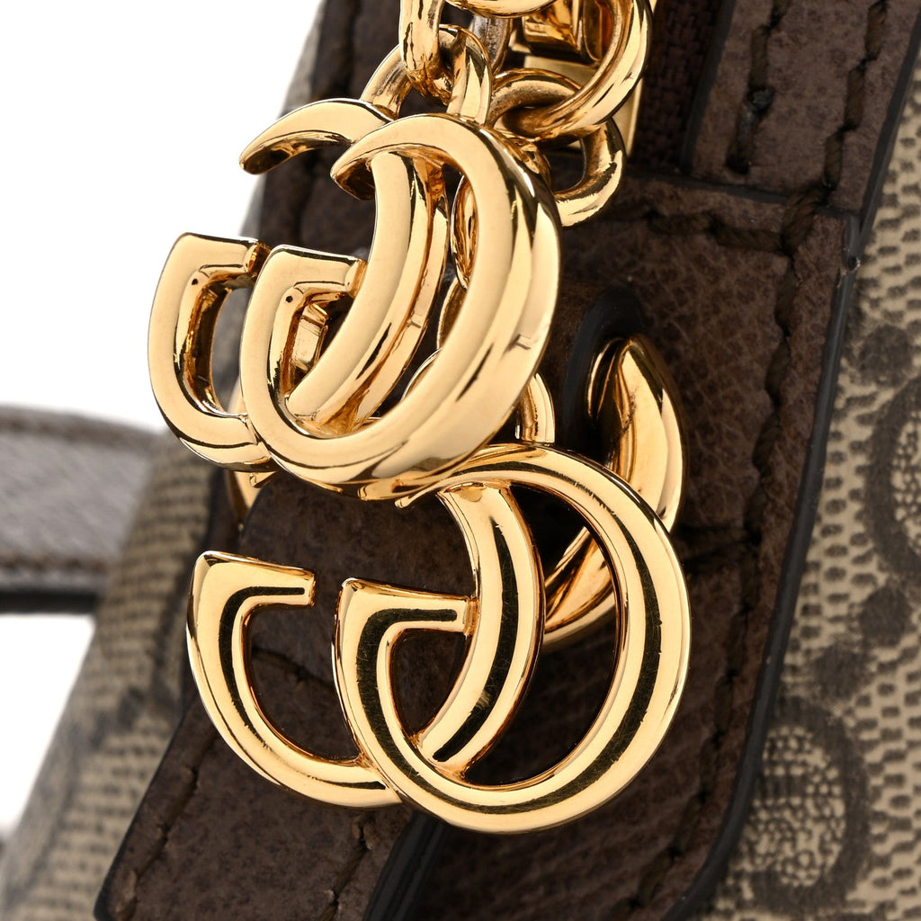 Gucci GG Supreme Monogram Textured Dollar Calfskin Web Small Ophidia Dome Shoulder Bag Beige Ebony New Acero