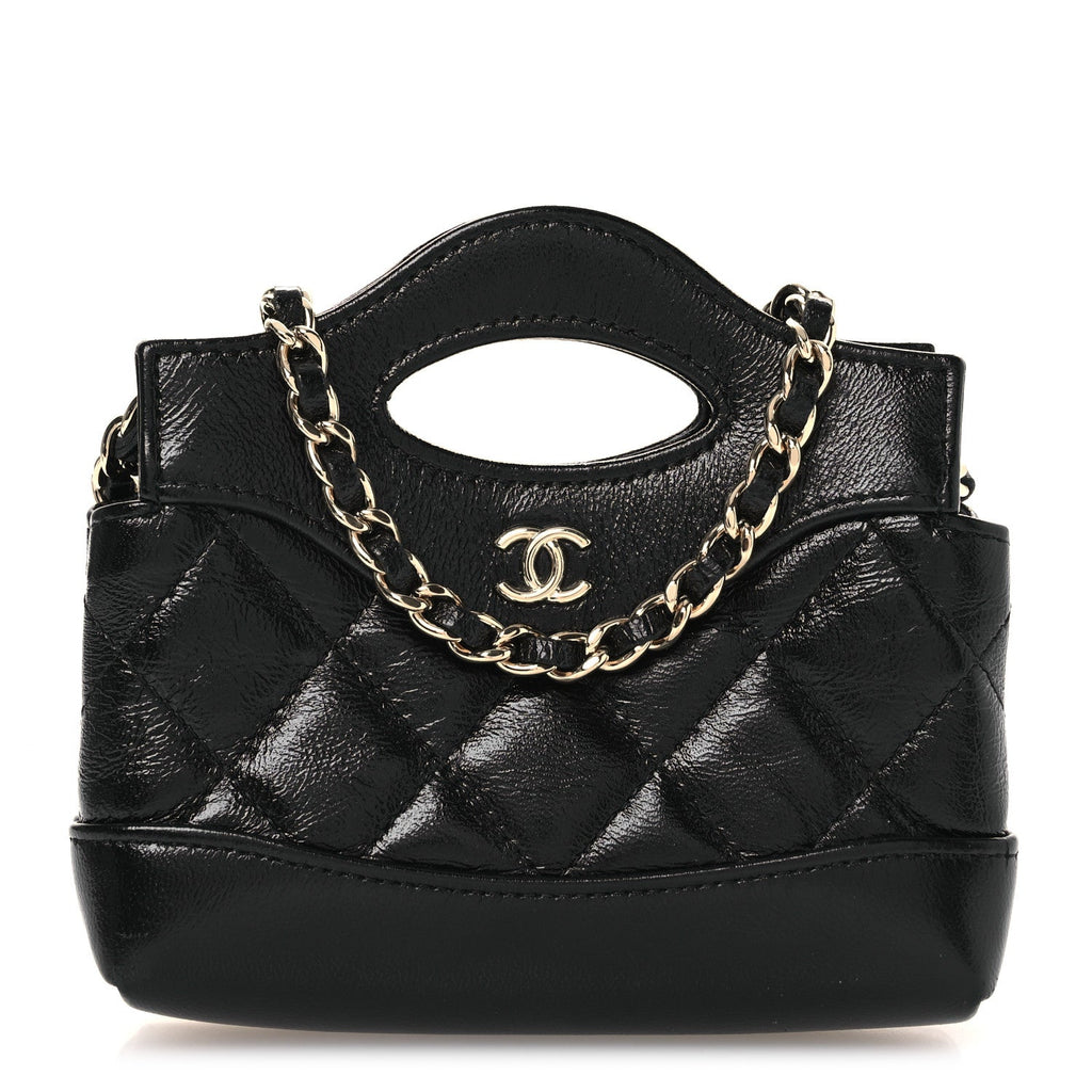 Chanel Shiny Lambskin Quilted Micro 31 Clutch With Chain Black
