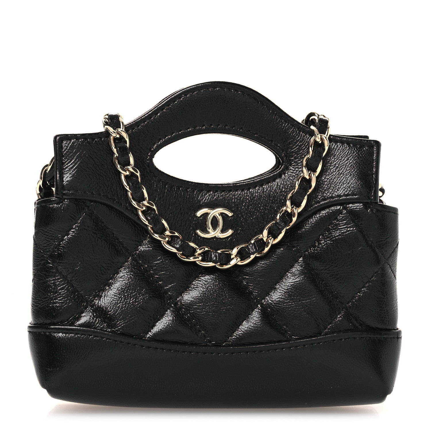 Chanel Shiny Lambskin Quilted Micro 31 Clutch With Chain Black