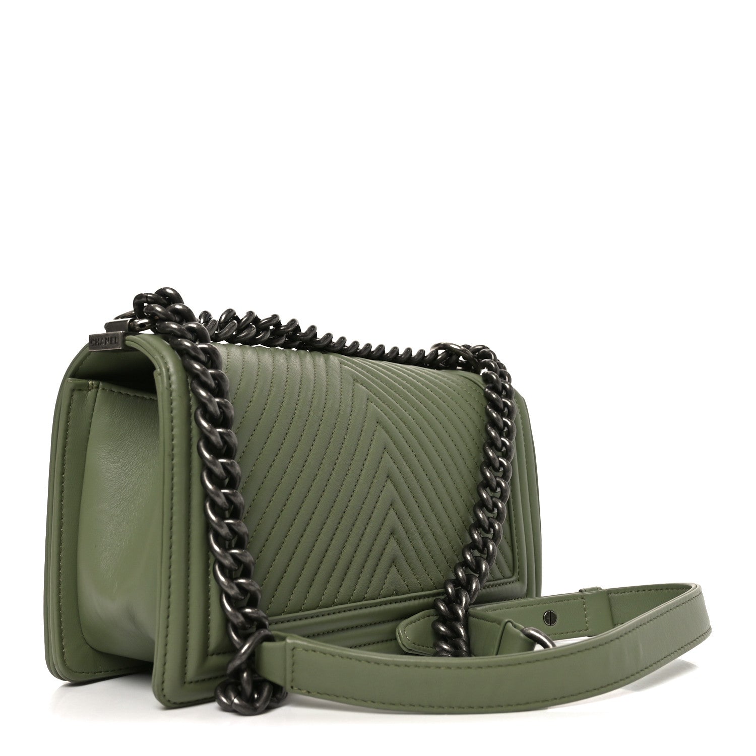 Chanel Calfskin Chevron Quilted Medium Boy Flap Green