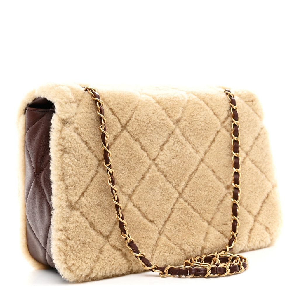 Chanel Shearling Lambskin Quilted Large Furry Coco Flap Dark Brown Beige