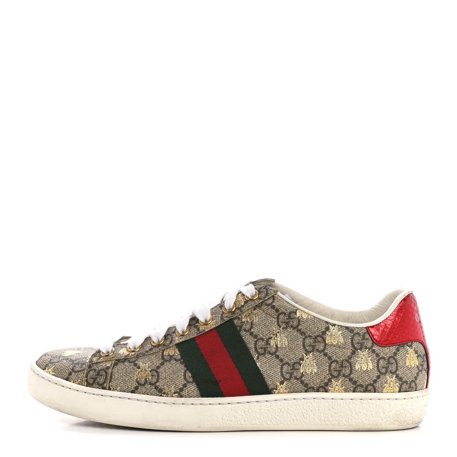 Gucci GG Supreme Monogram Bees Ayers Web Womens Ace Sneakers 37.5 Beige Oro Green Red