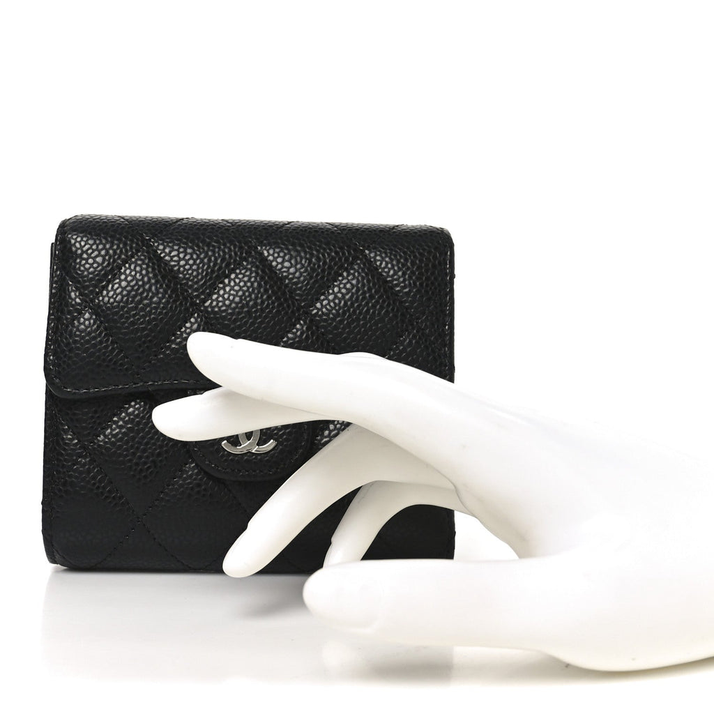 Caviar Quilted Compact Flap Wallet Black