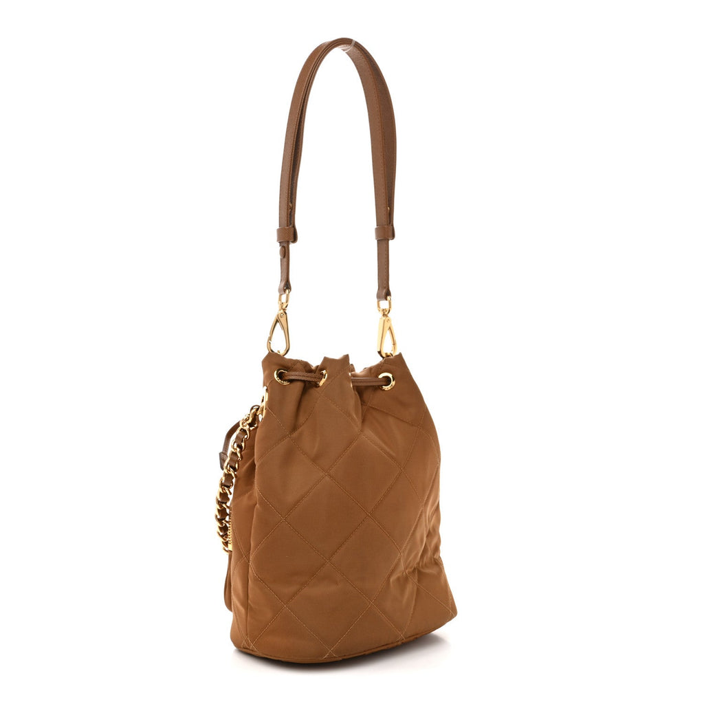 Prada Re-Nylon Saffiano Stitched Re-Edition 1995 Chaine Drawstring Bucket Bag Brandy
