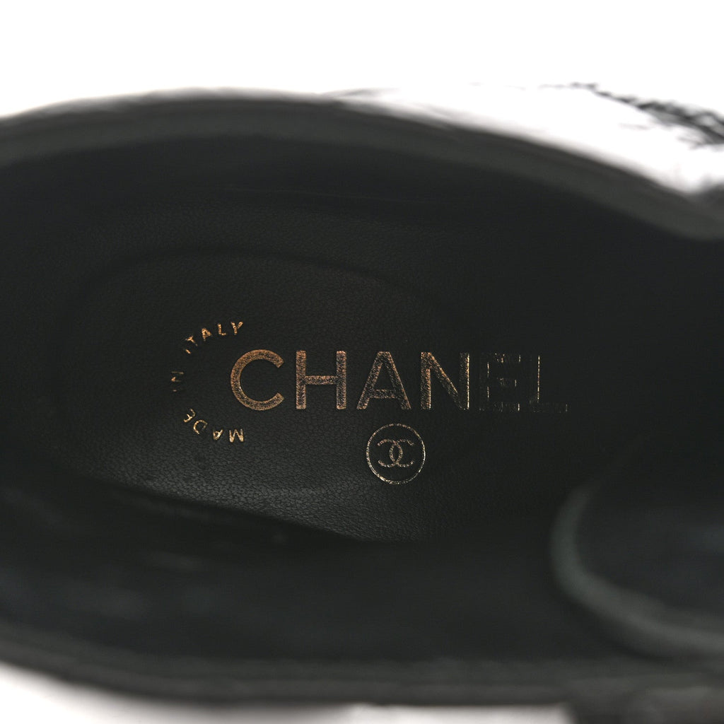 Chanel Shiny Goatskin Calfskin Quilted Lace Up Combat Boots 37 Black