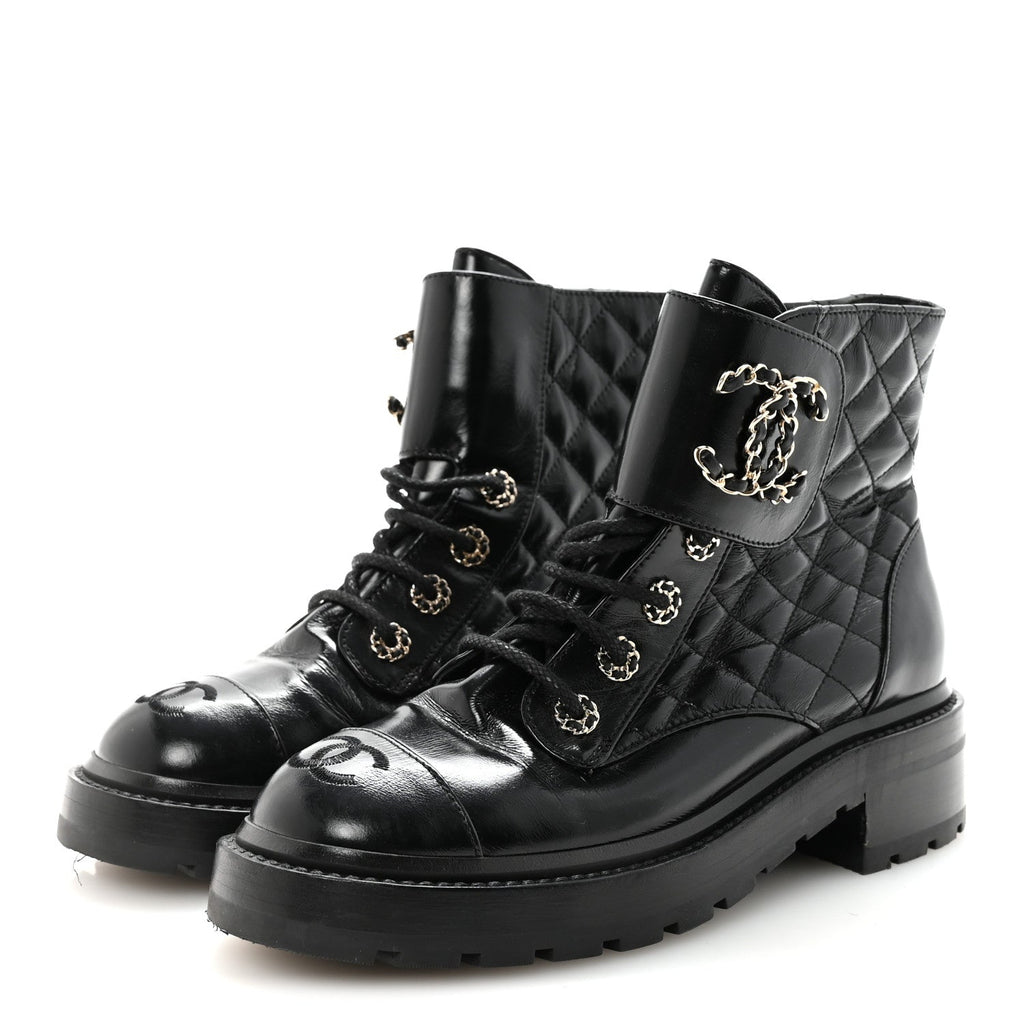 Chanel Shiny Calfskin Quilted Lace Up Combat Boots 37.5 Black