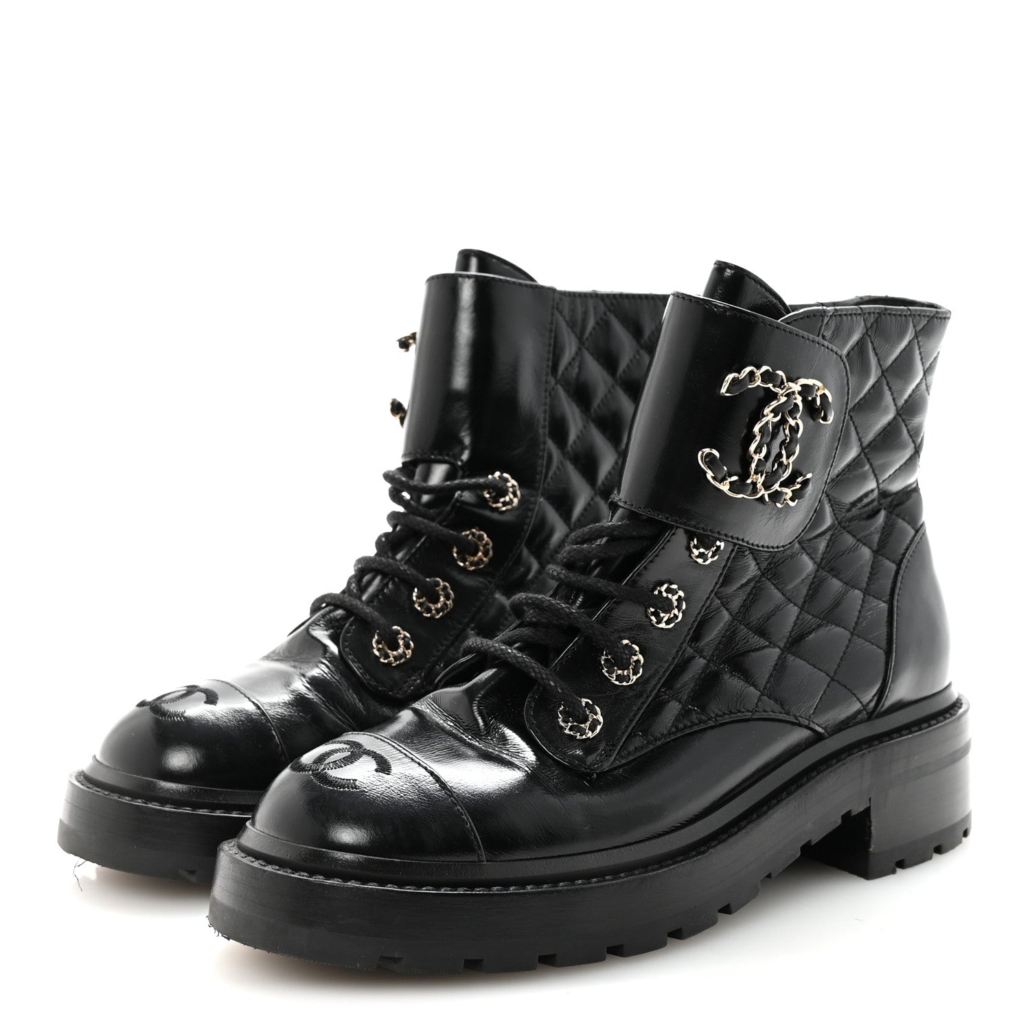 Chanel Shiny Calfskin Quilted Lace Up Combat Boots 37.5 Black