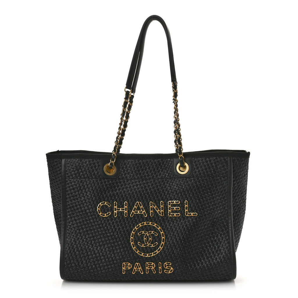 Chanel Straw Raffia Calfskin Chain Small Deauville Tote Black