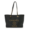 Chanel Straw Raffia Calfskin Chain Small Deauville Tote Black