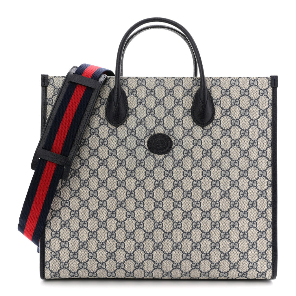 Gucci GG Supreme Monogram Azalea Calfskin Medium Retro Interlocking G Tote Bag Beige Blue