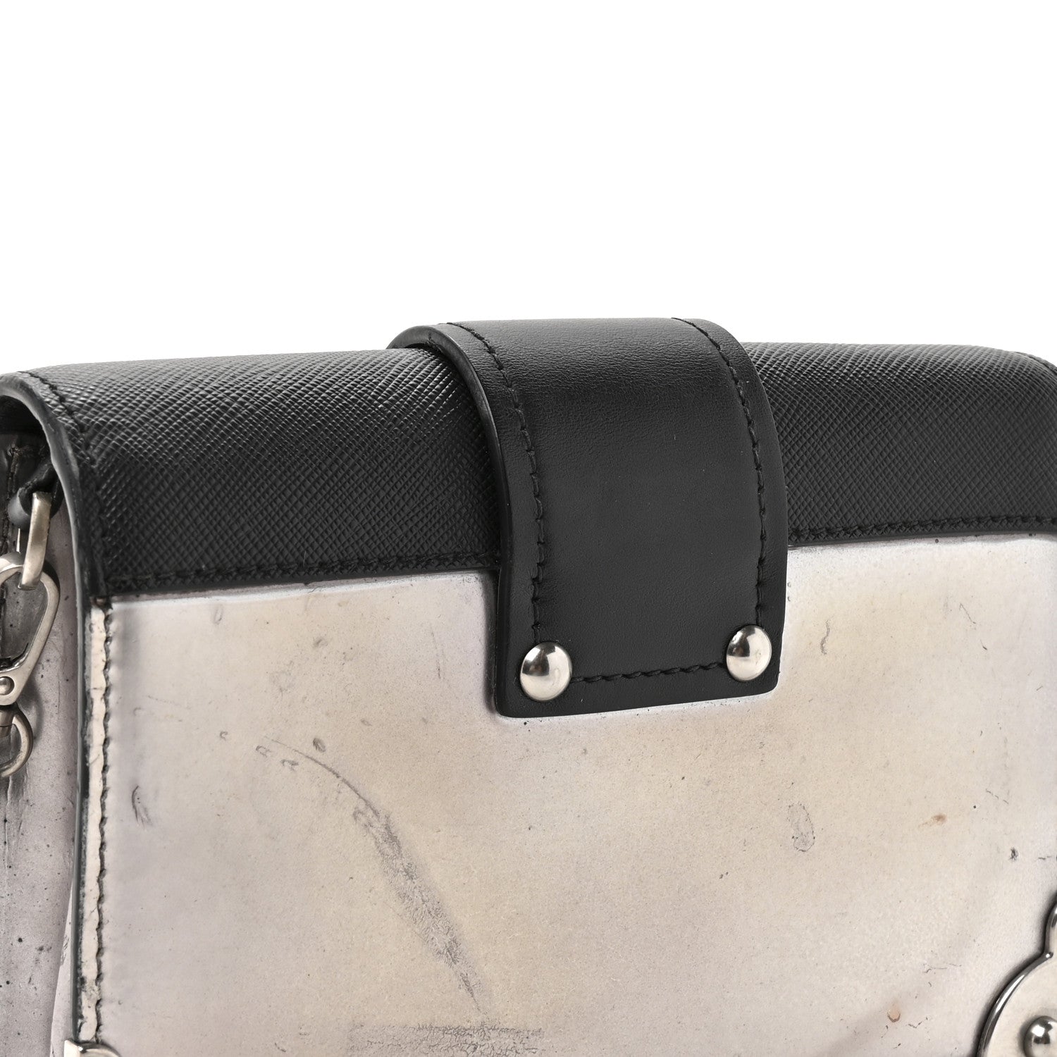 Prada Metallic Vitello Saffiano Cahier Bag Silver Black
