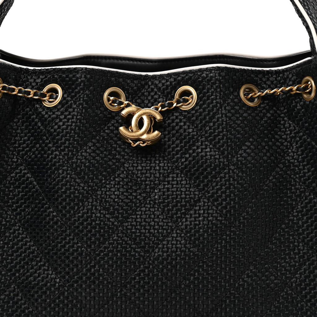 Chanel Braided Raffia Calfskin Small Chanel 25 Handbag Black White