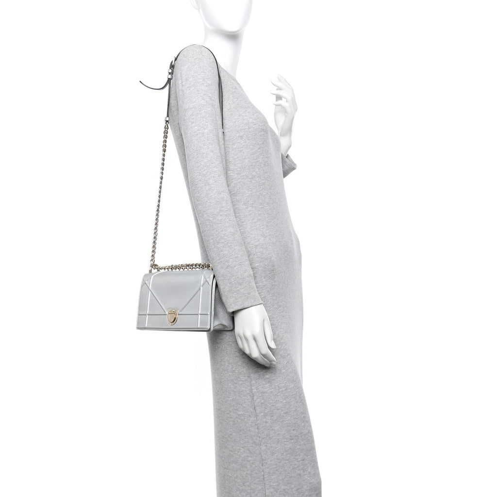 Christian Dior Metallic Grained Calfskin Diorama Wallet on Chain Pouch Silver