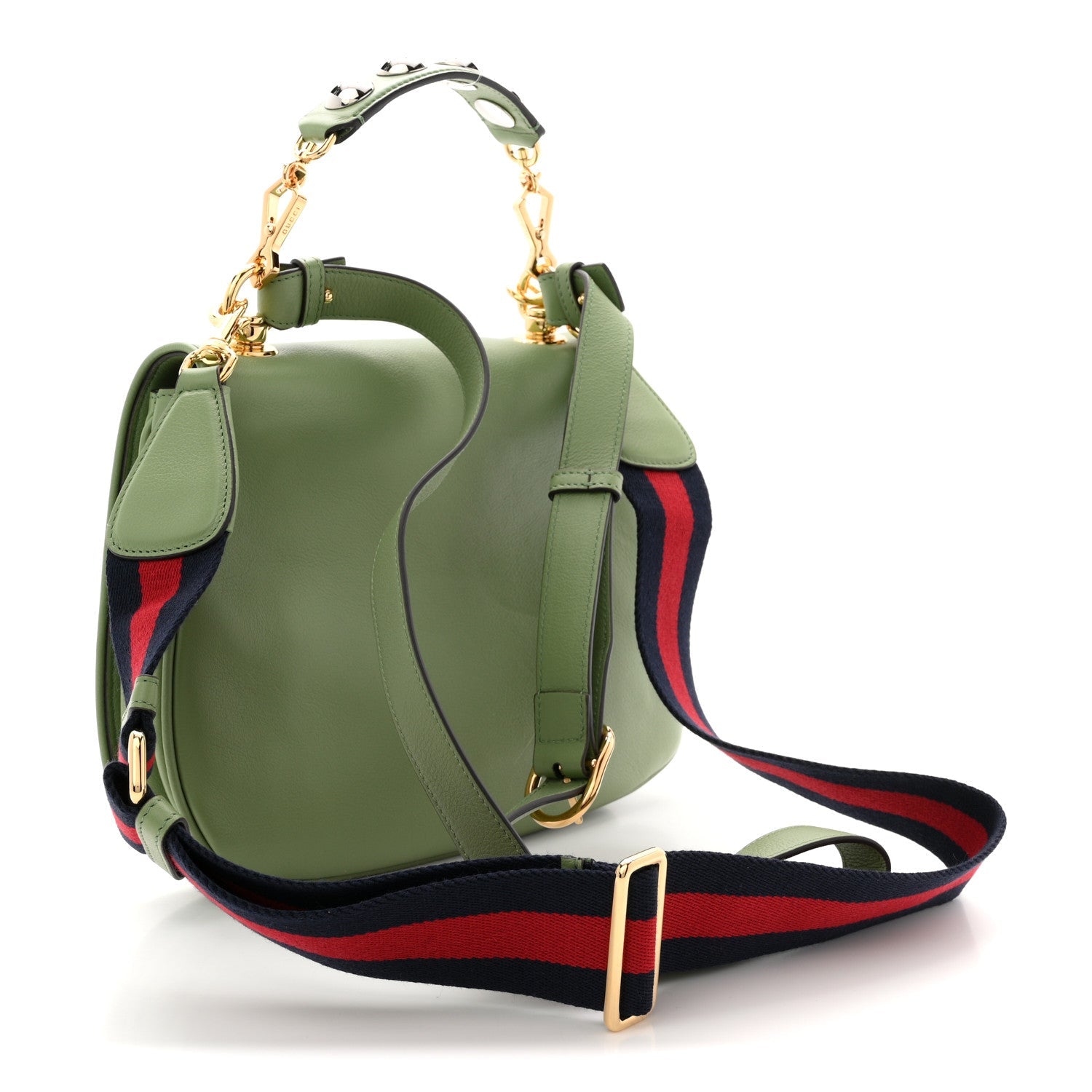 Gucci Roxy Calfskin Web Medium Blondie Top Handle Shoulder Flap Bag Salamander Green