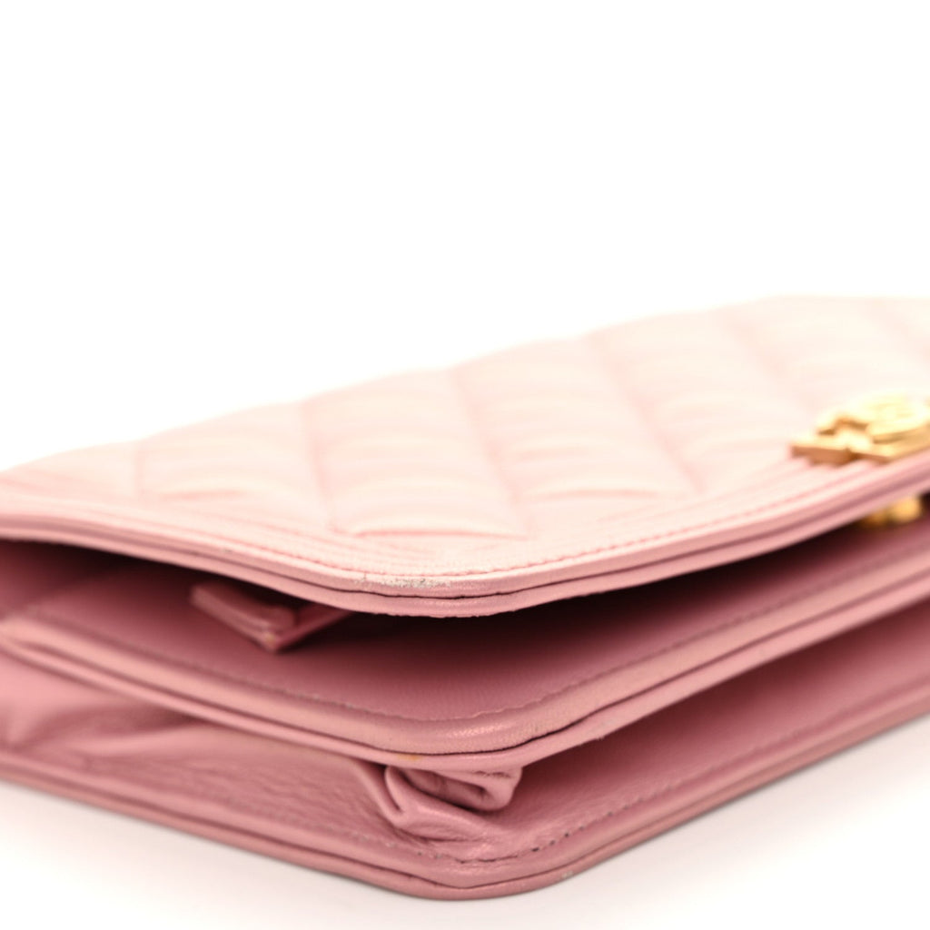 Chanel Metallic Lambskin Quilted Boy Wallet On Chain WOC Pink