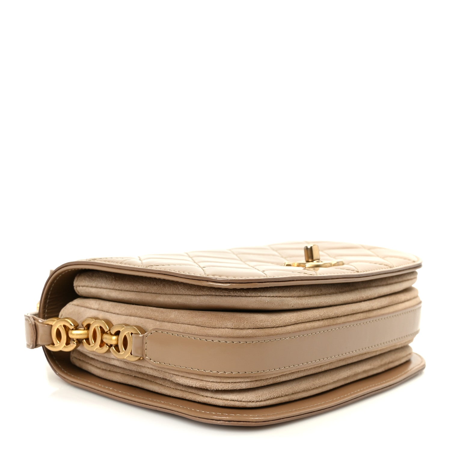 Chanel Shiny Calfskin Quilted Suede Goatskin Mini Messenger Beige
