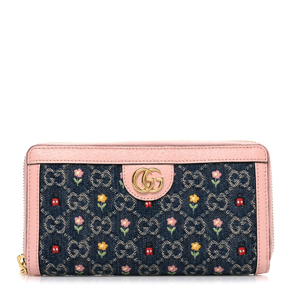 Gucci New Denim GG Monogram Calfskin Love Parade Zip Around Wallet Light Pink