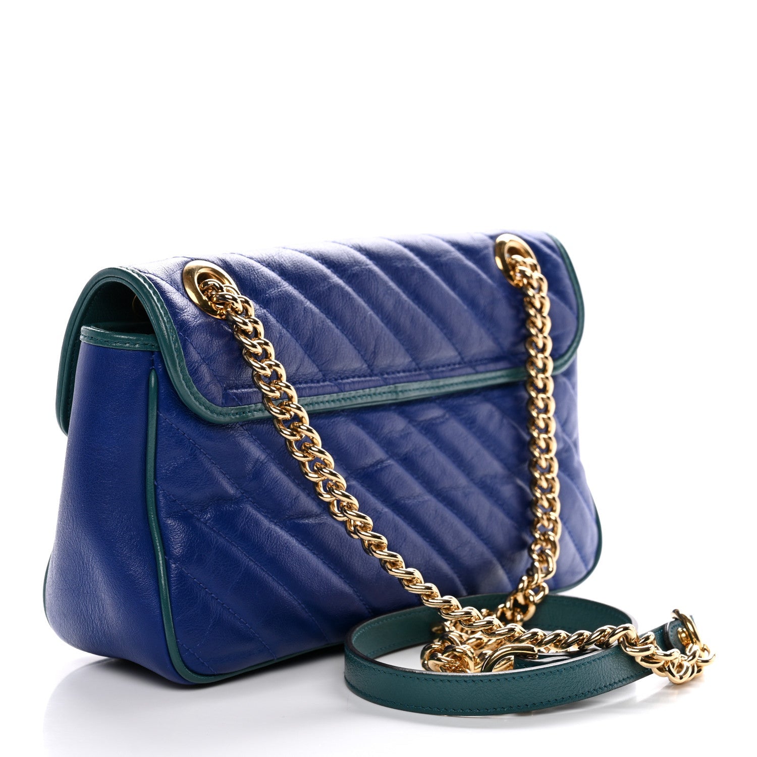 Gucci Azalea Calfskin Enamel Matelasse Diagonal Small Torchon GG Marmont Shoulder Bag Imperial Blue Pavone