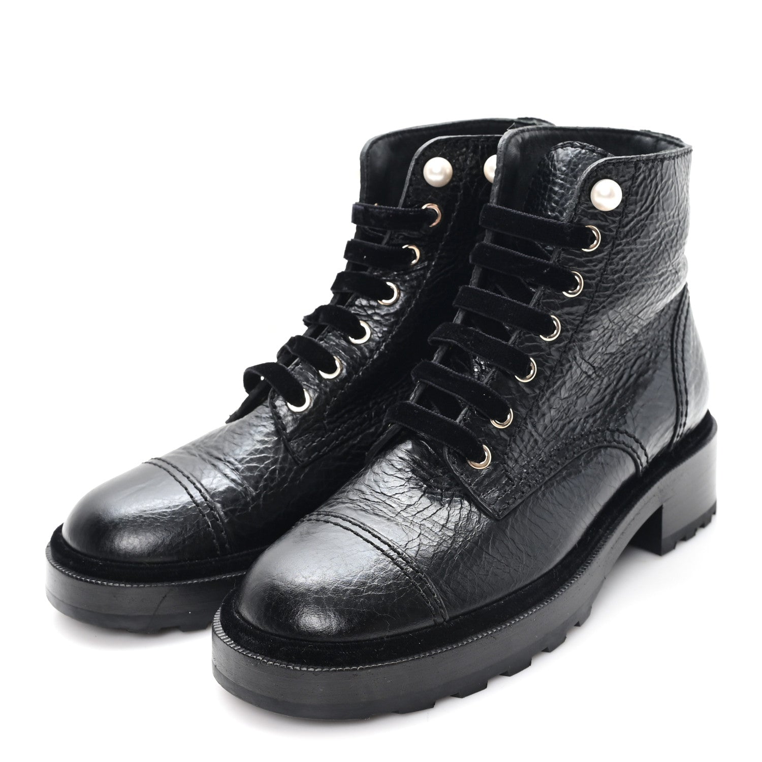 Chanel Shiny Calfskin Velvet Pearl Combat Short Boots 37.5 Black