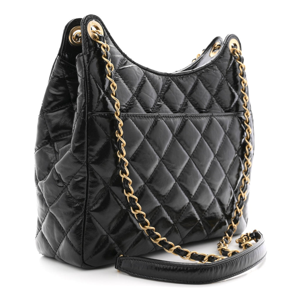 Chanel Shiny Crumpled Calfskin Quilted Wavy CC Hobo Black