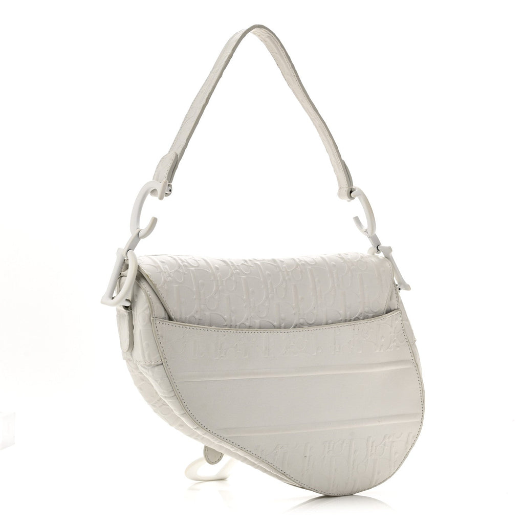 Christian Dior Calfskin Embossed Oblique Saddle Bag White