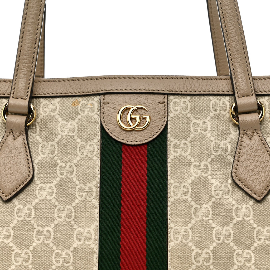 Gucci GG Supreme Monogram Textured Dollar Calfskin Web Medium Ophidia Shopping Tote Beige Mystic White Oatmeal