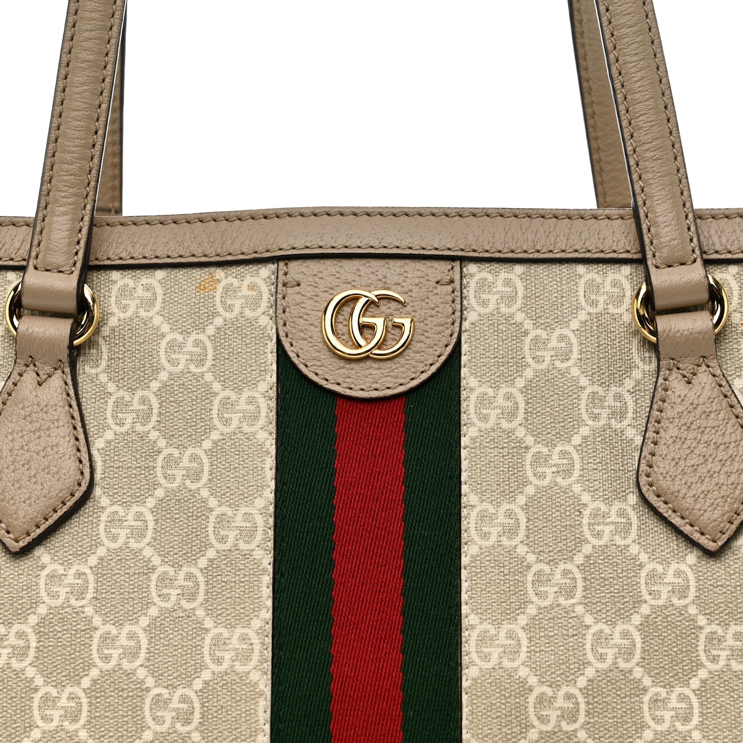 Gucci GG Supreme Monogram Textured Dollar Calfskin Web Medium Ophidia Shopping Tote Beige Mystic White Oatmeal