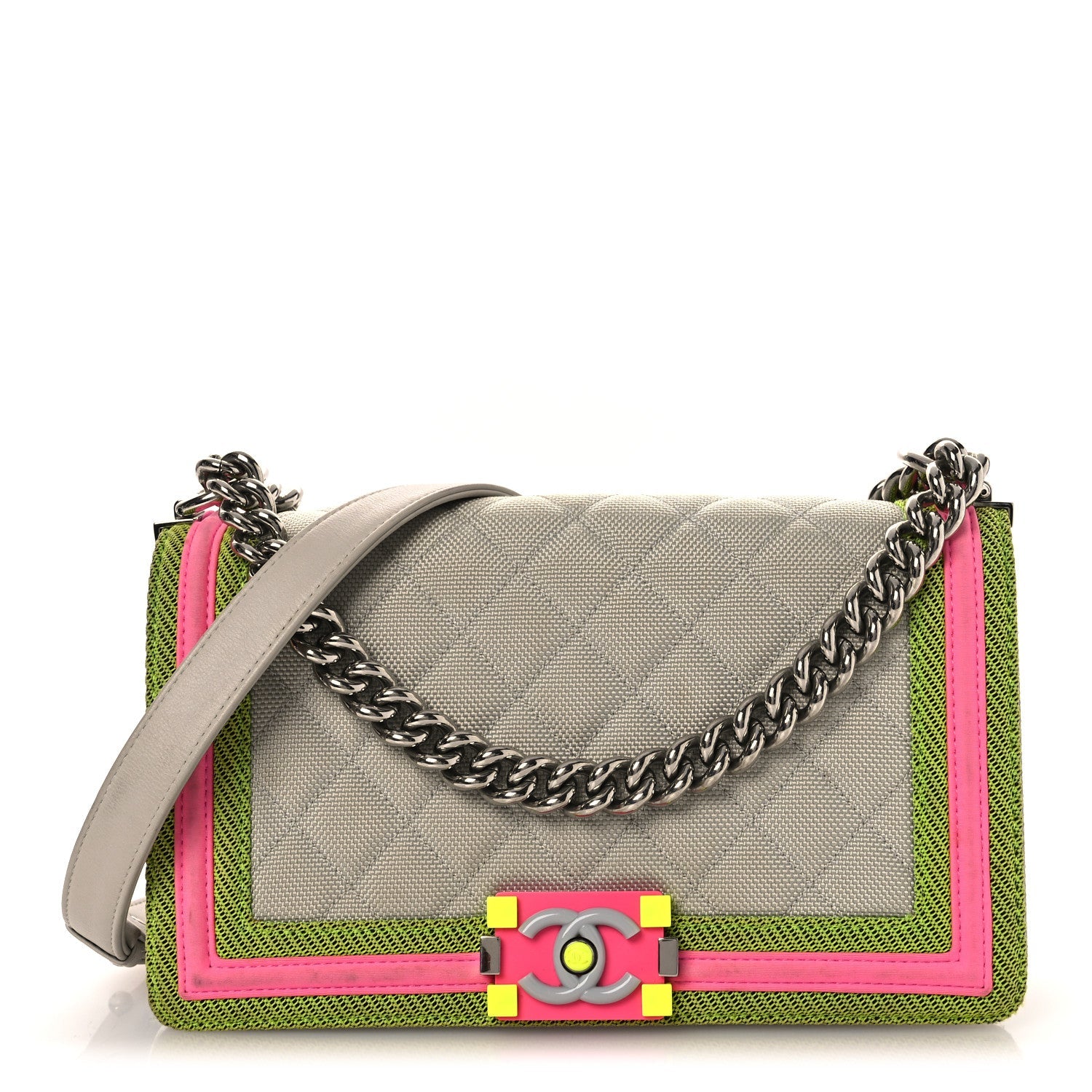 Chanel Canvas Quilted Medium Fluo Boy Flap Dark Grey Fuchsia Green