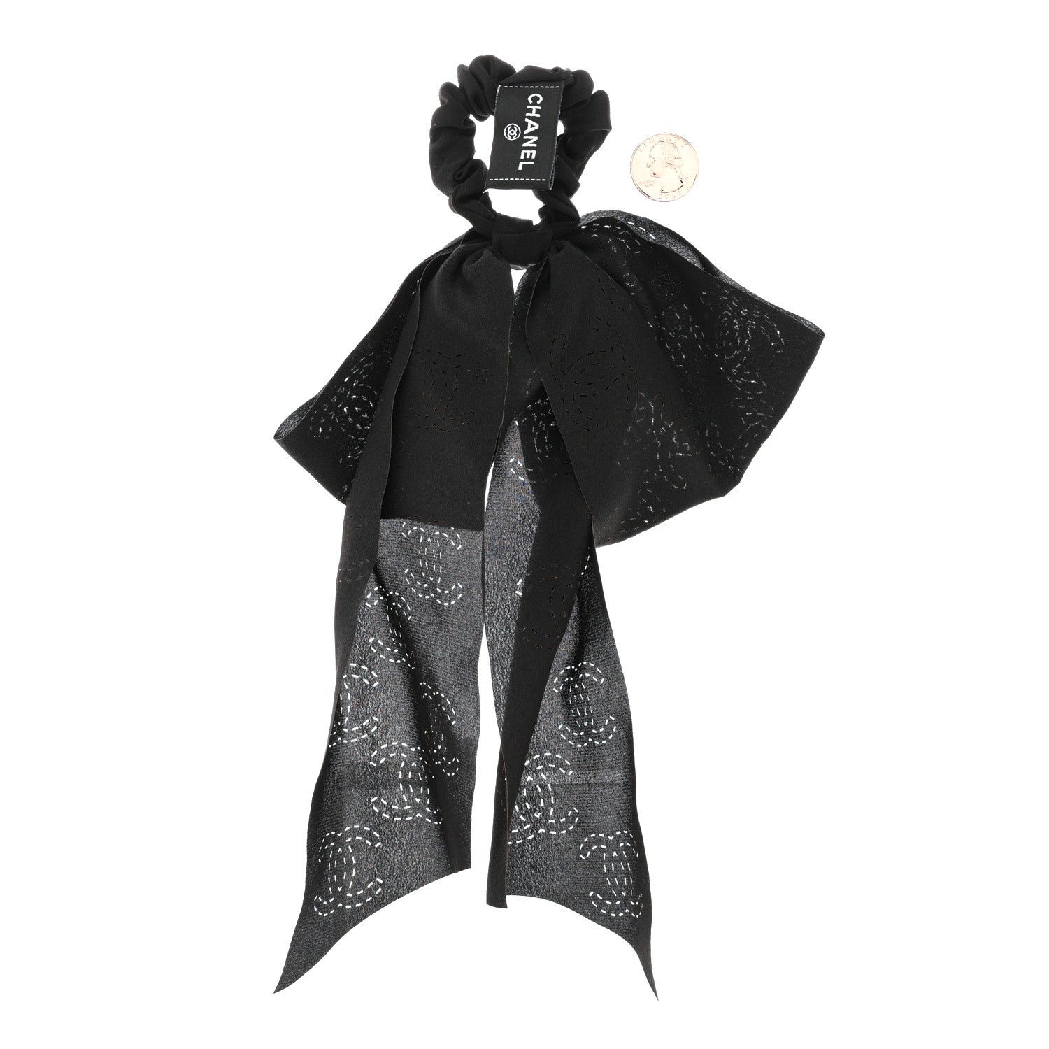 Chanel Silk Perforated Bow CC Scrunchie Black