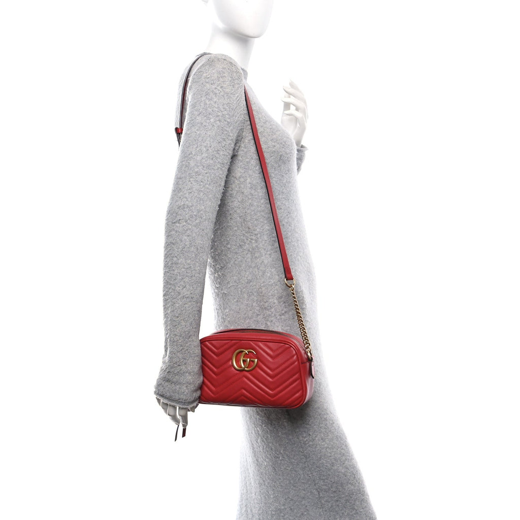 Gucci Calfskin Matelasse Small GG Marmont Chain Shoulder Bag Hibiscus Red