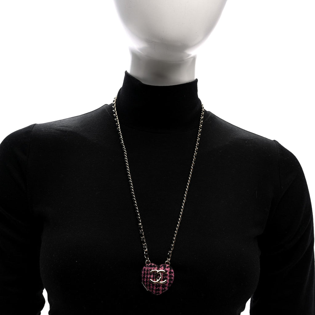 Lambskin Tweed CC Locket Pendant Necklace Black Pink Gold