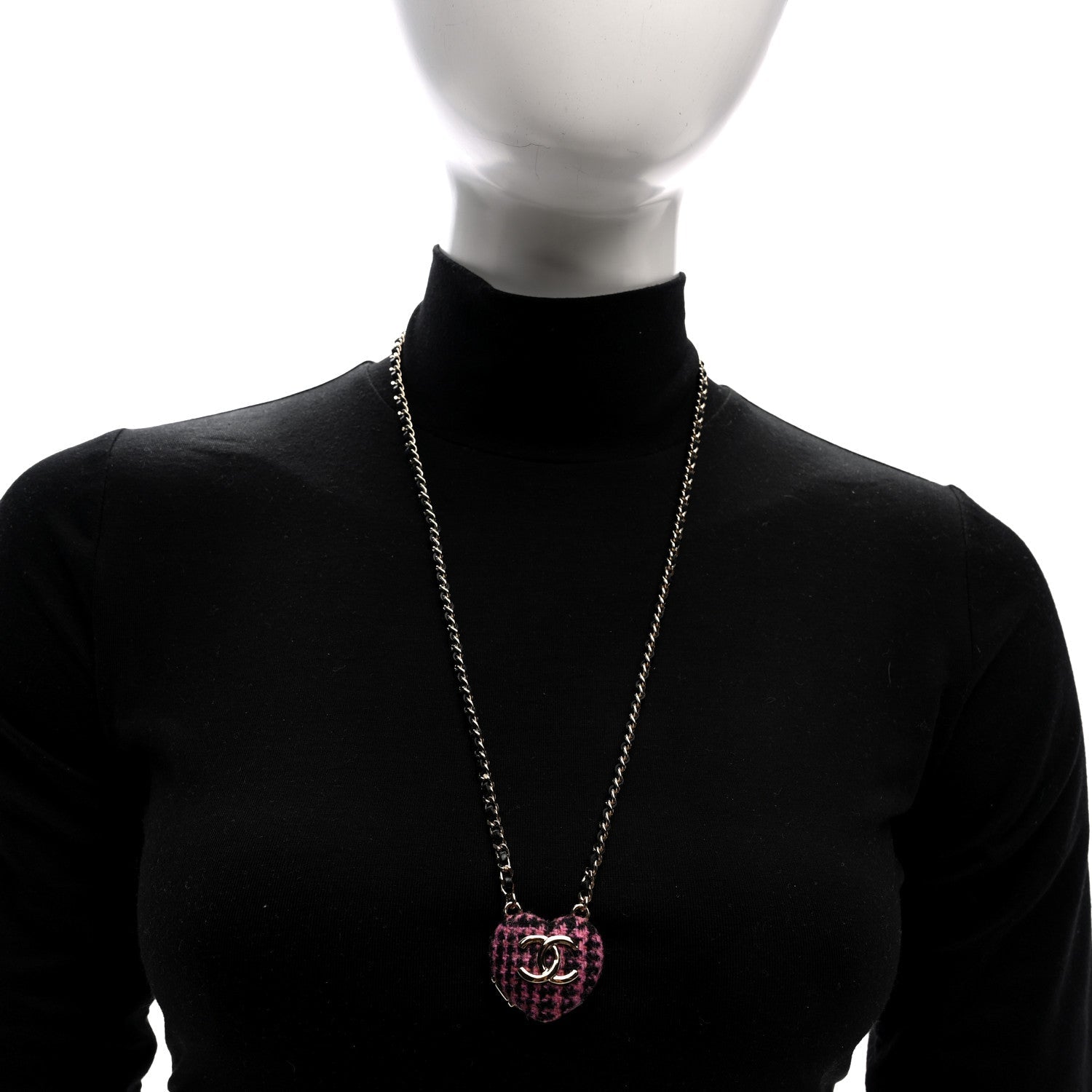 Lambskin Tweed CC Locket Pendant Necklace Black Pink Gold