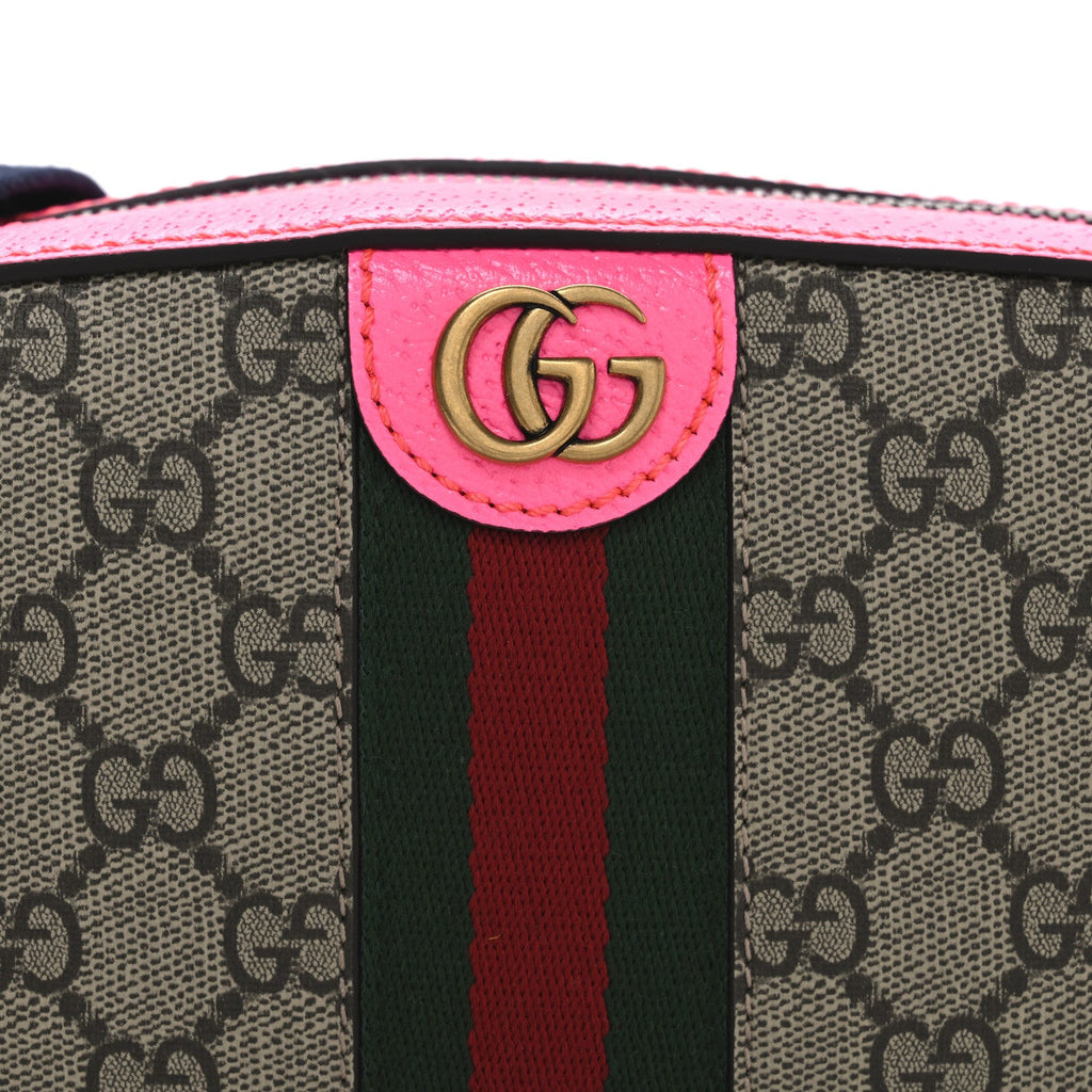 Gucci GG Supreme Monogram Textured Dollar Calfskin Web Ophidia Small Crossbody Bag Beige Ebony Fuchsia