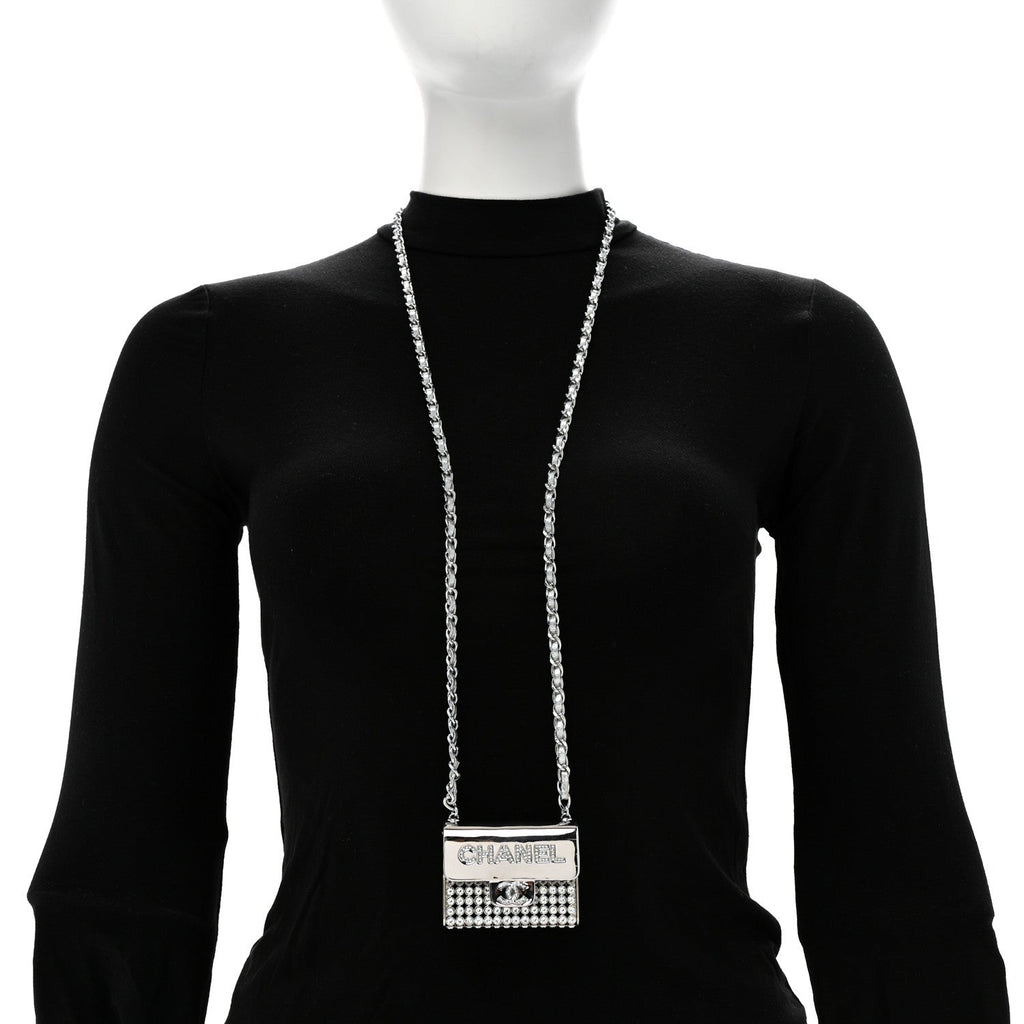 Metal Lambskin Strass Crystal Purse CC Long Necklace Silver