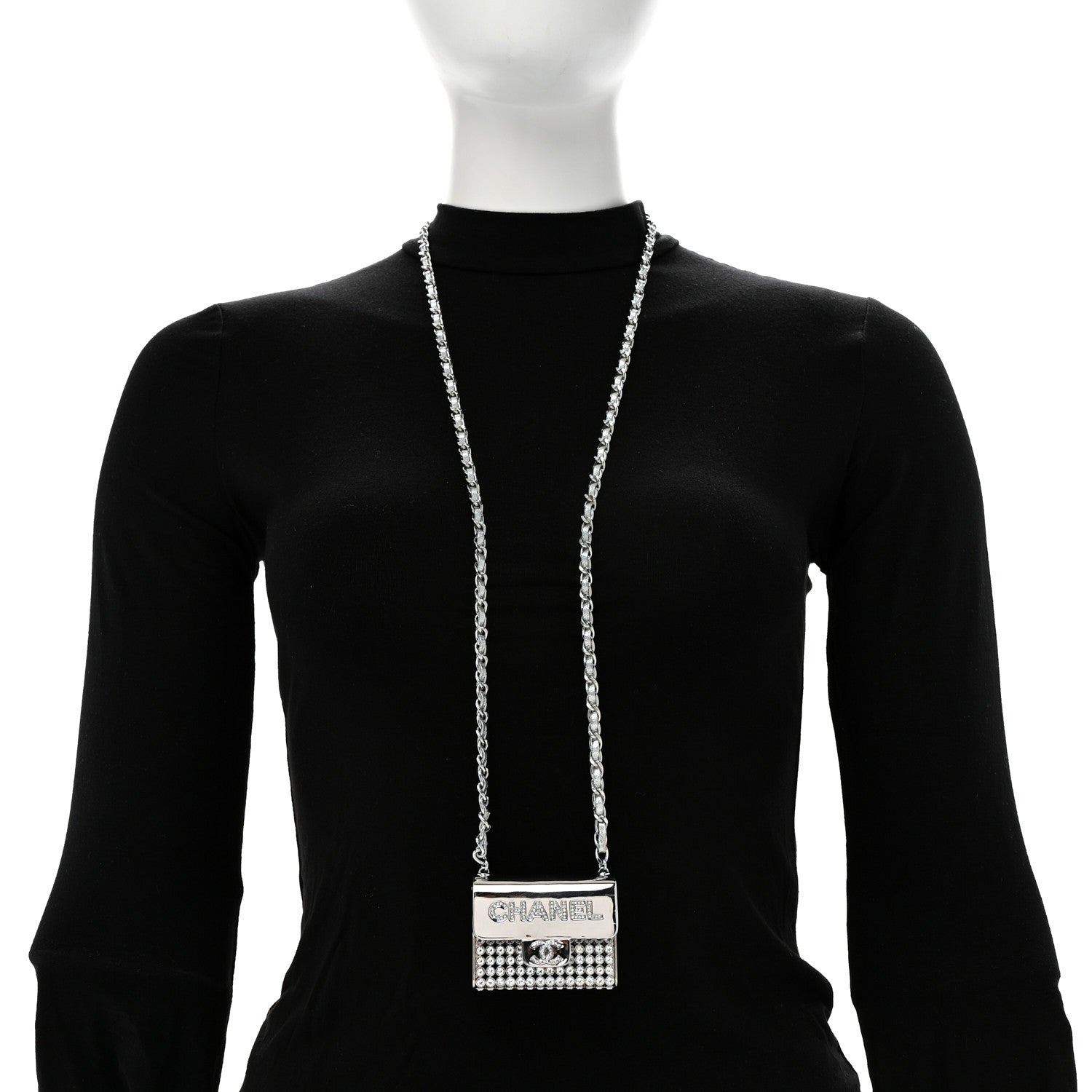 Metal Lambskin Strass Crystal Purse CC Long Necklace Silver