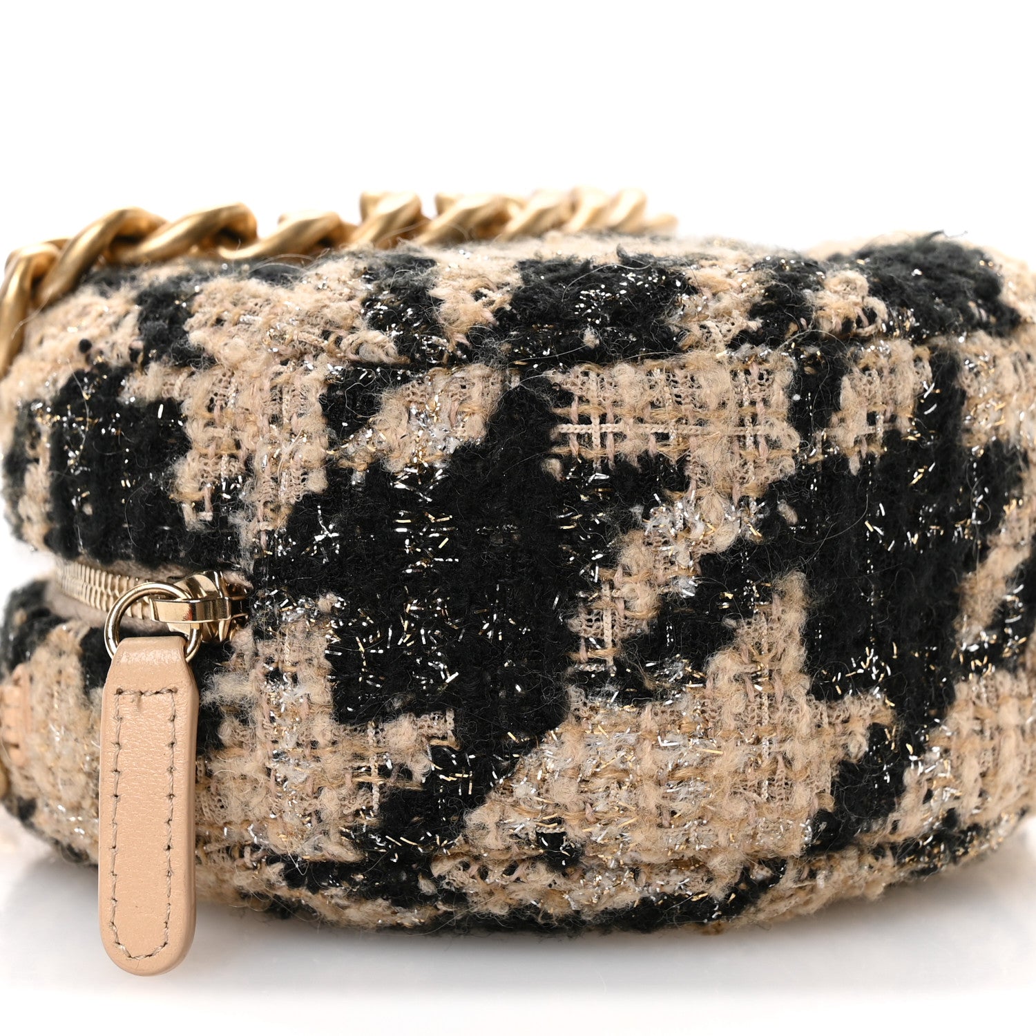 Chanel Wool Tweed Lambskin Quilted Chanel 19 Round Clutch With Chain and Coin Purse Beige Black