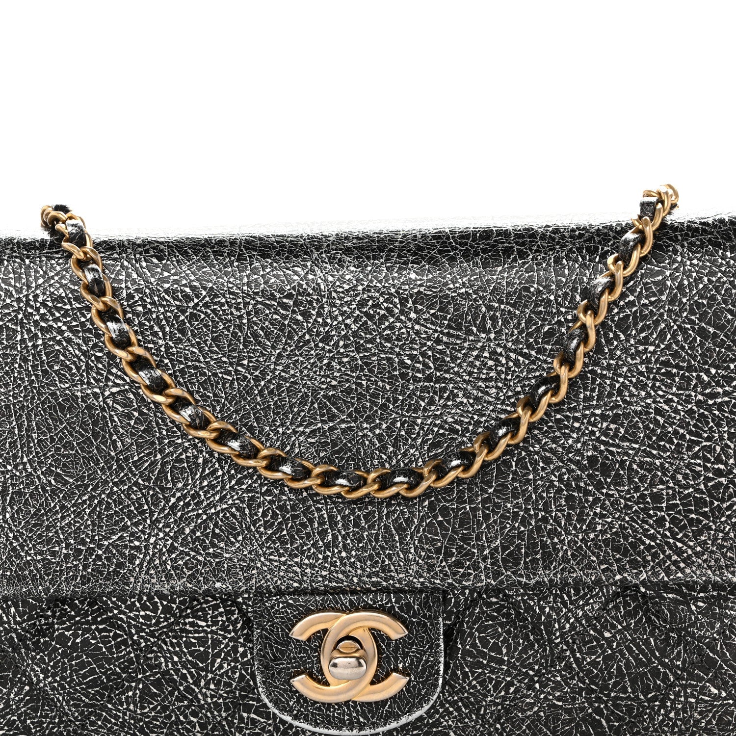 Chanel Cracked Metallic Calfskin Quilted Zip Away Chain Clutch Dark Silver