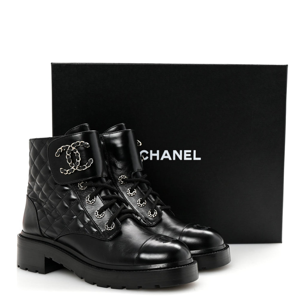 Chanel Shiny Lambskin Quilted Lace Up Combat Boots 39 Black