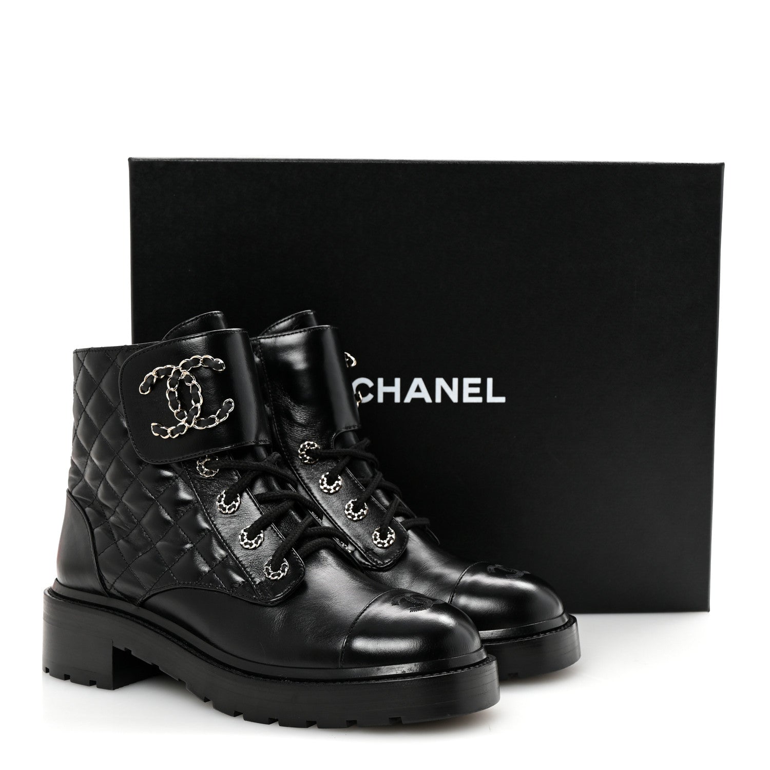 Chanel Shiny Lambskin Quilted Lace Up Combat Boots 39 Black
